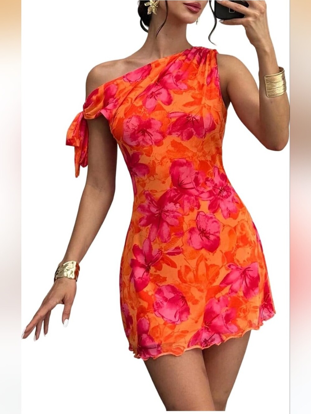 One-Shoulder Orange & Pink Floral Mini Dress